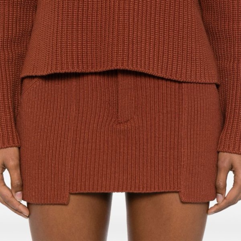 AYA MUSE Rever Ribbed Mini Skirt in Burnt Orange Cinnamon Terracotta Brown $495
